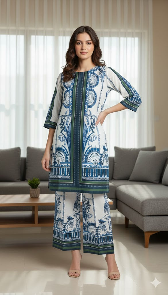 Opulent Blue & White Silk Digital Print Co-ord Set