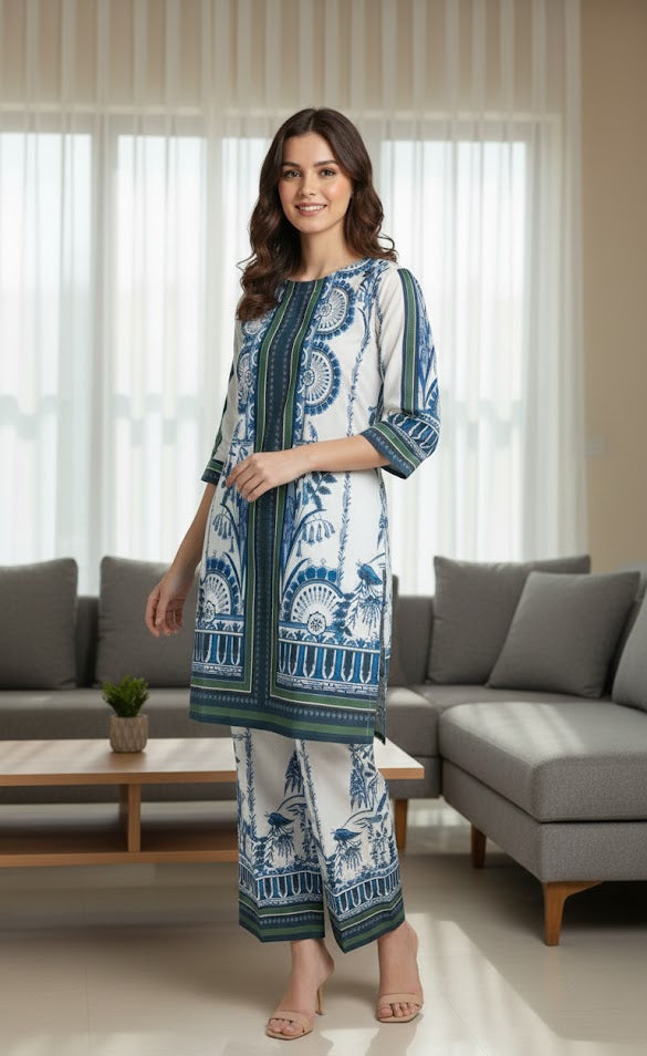 Opulent Blue & White Silk Digital Print Co-ord Set