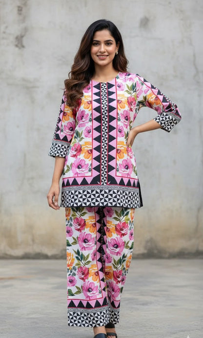 Vibrant Pink & White Floral Silk Co-ord 2-Piece Stitched Set