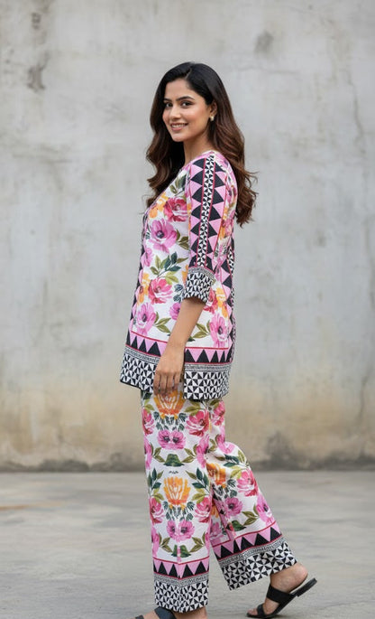 Vibrant Pink & White Floral Silk Co-ord 2-Piece Stitched Set