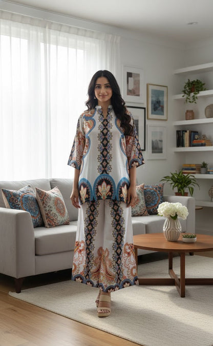 Regal Paisley Silk Co-ord Set | Wide-Leg Trousers