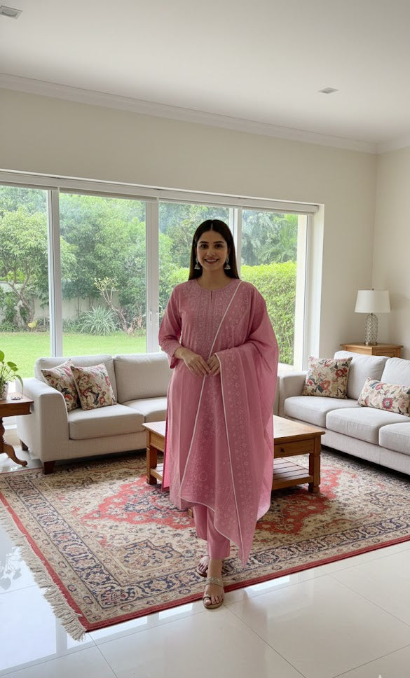 Blush Pink Embroidered Cambric Cotton 3-Piece Stitched Suit