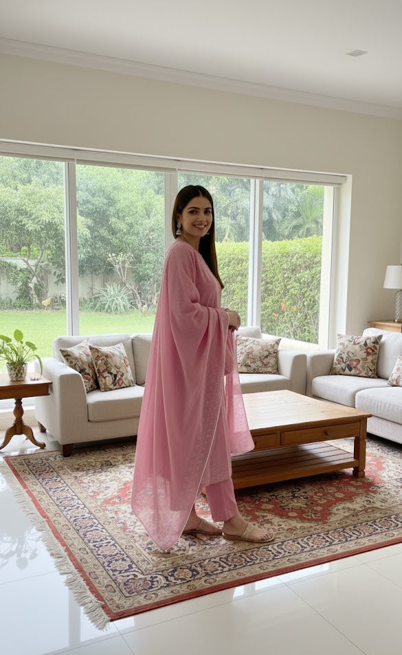 Blush Pink Embroidered Cambric Cotton 3-Piece Stitched Suit