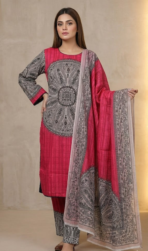 Regal Crimson & Grey Self-Jacquard 3-Piece Stitched Suit