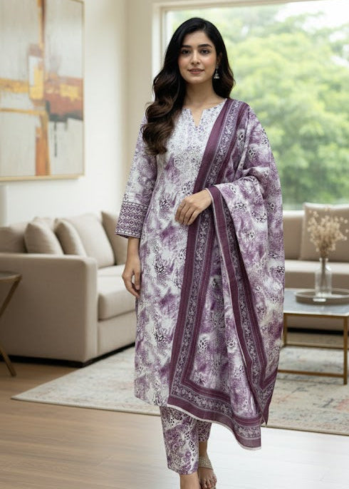 Printed Self-Jacquard 3-Piece Stitched Kurta Set with Dupatta - Mauve & White